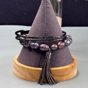Black Bohemian Bracelet Set with Beads and Tassel